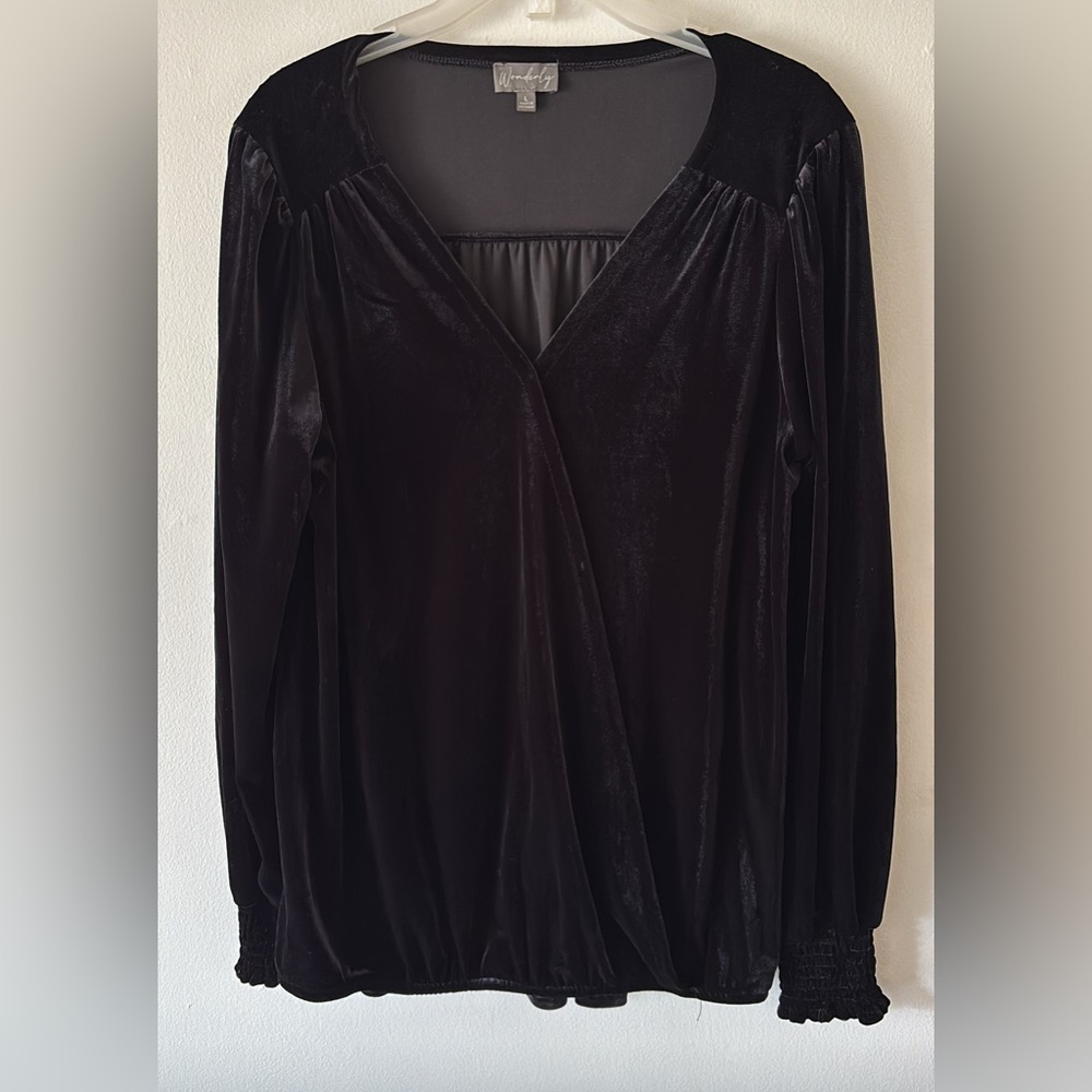 Wonderly Black Velvet Faux Wrap Going Out Fall Casual Long Sleeve Blouse Large